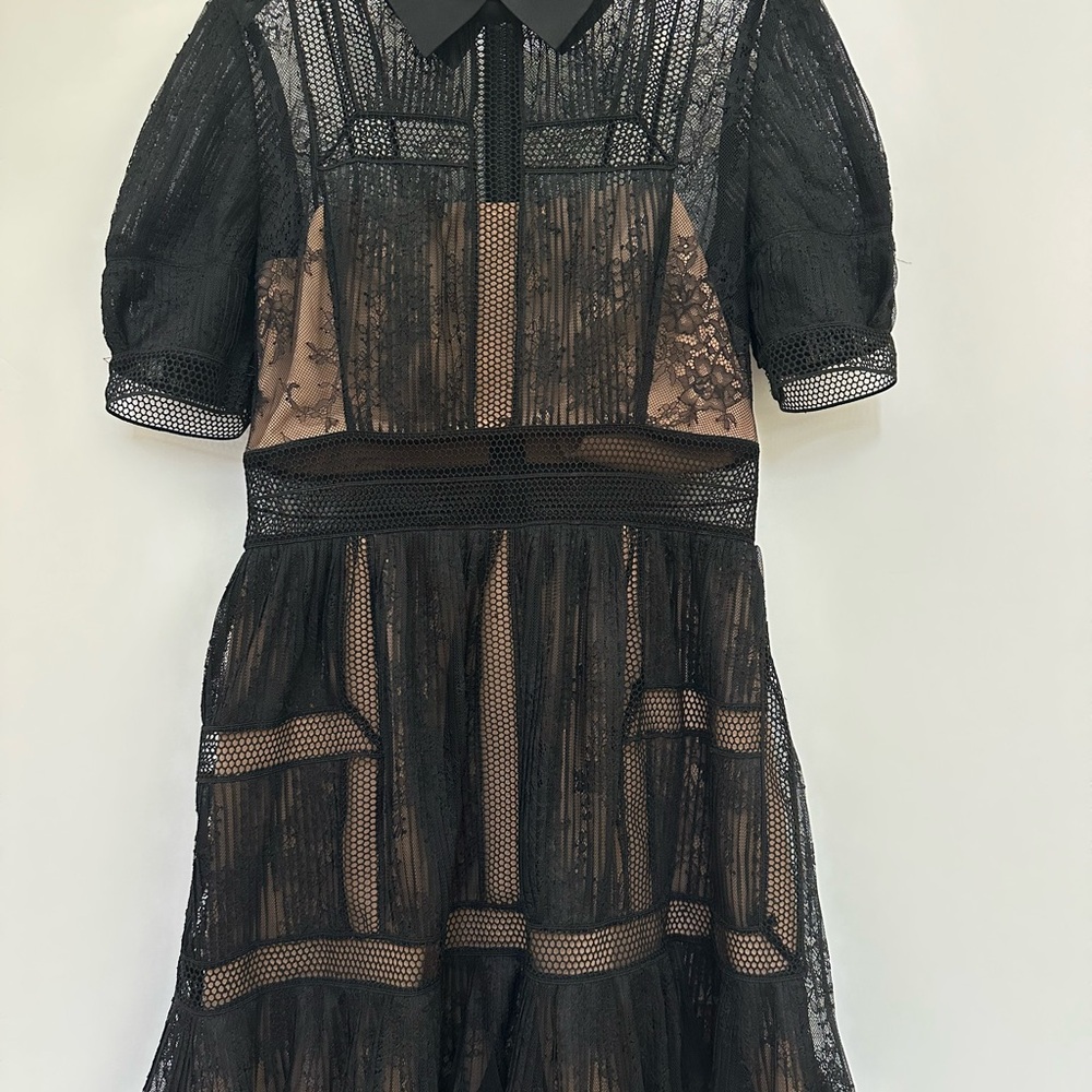 Self-Portrait Black Lace Dress with tan slip attached and sheer areas